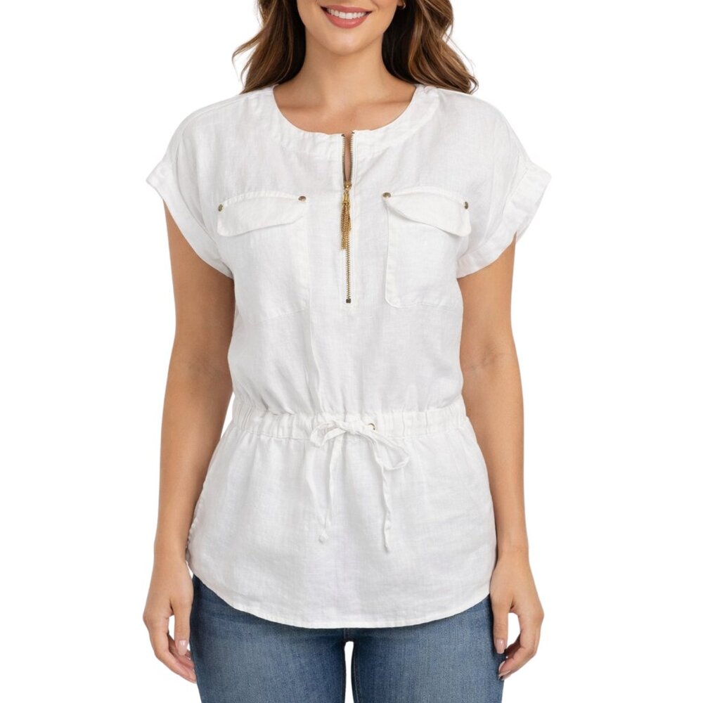 Ellen Tracy 100% Linen Utility Top White Gold Zip Tassel Drawstring Size S